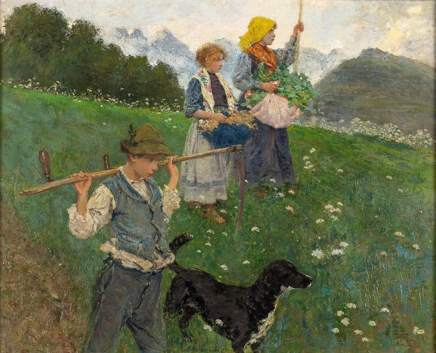 Due ragazze con fiori e un ragazzo con cane sui monti
